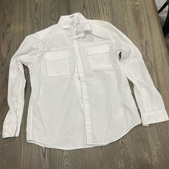 Calvin Klein Button-Up Shirt Long Sleeve Classic Fit Flap Pockets White Size L - Picture 1 of 3